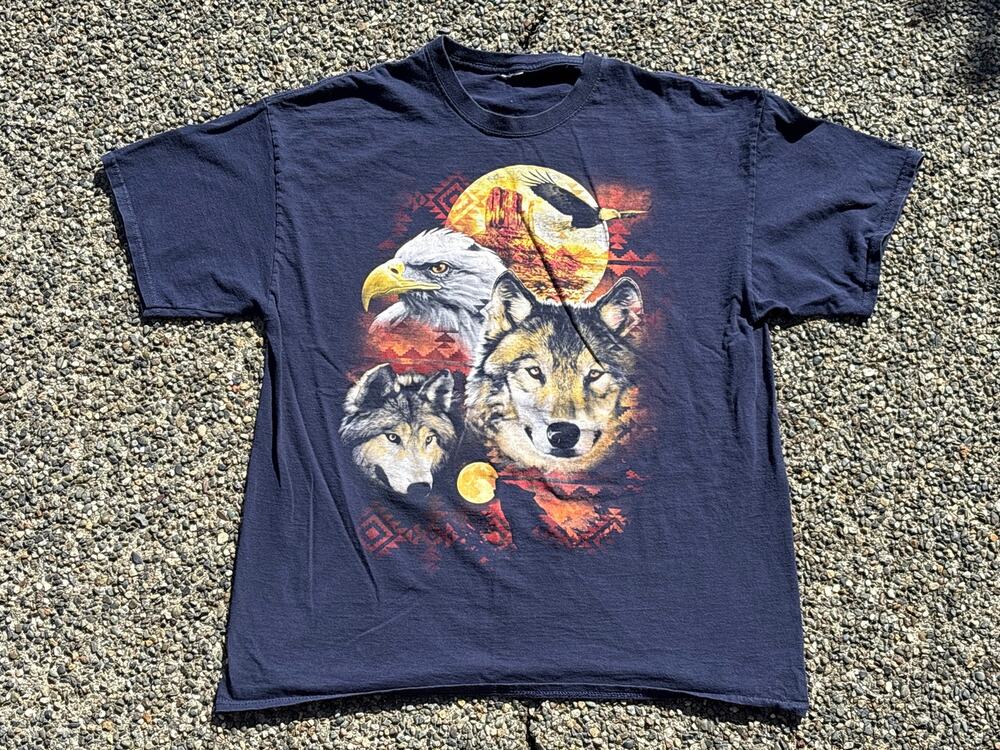 Y2K Aztec Wildlife Nature Wolves Eagles Moon Southwest Navy Large shirt